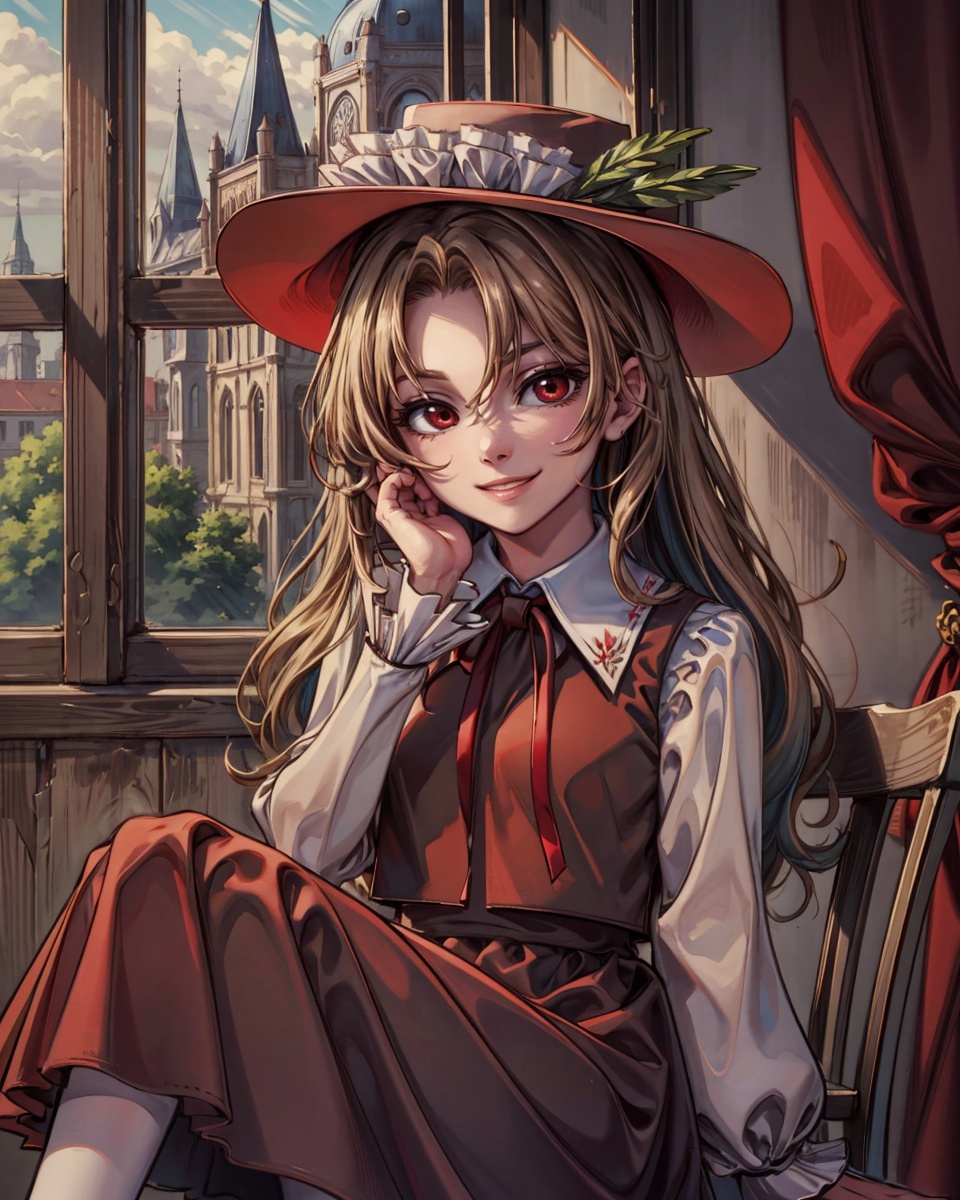 02268-3022322145-_lora_touhou_jacketgirl-10_1.0_, solo, 1girl, dippjacketgirl, smile, looking at viewer, sitting, hand on own face, frilled hat,.png